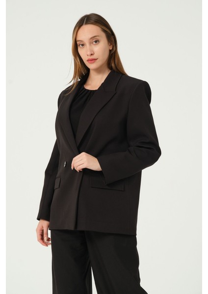 Siyah Regular Astarlı Dokuma Oversize Blazer Ceket