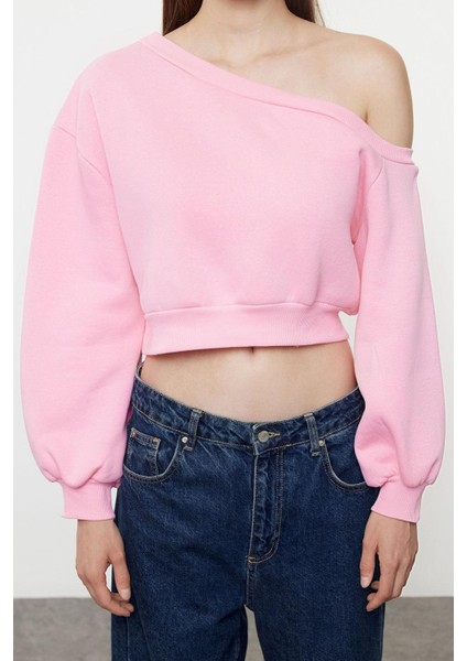 Kadın Asimetrik Yaka Balon Kol Crop Kalıp Kalın Içi Polarlı Crop Asimetrik Yaka Örme Sweatshirt