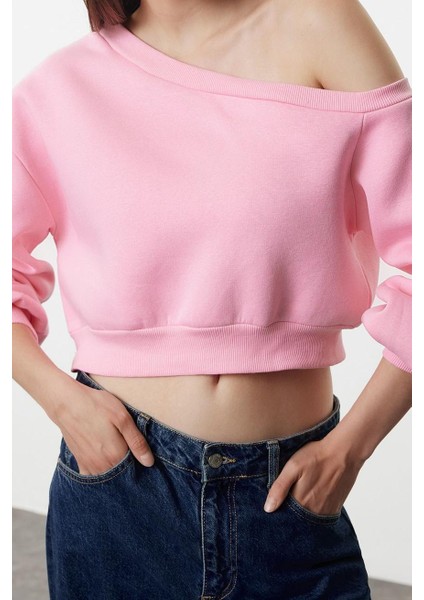 Kadın Asimetrik Yaka Balon Kol Crop Kalıp Kalın Içi Polarlı Crop Asimetrik Yaka Örme Sweatshirt