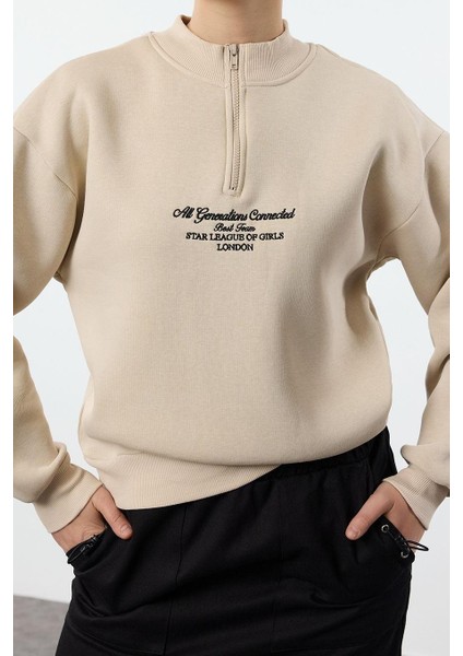 Kadın Moda Bol Fermuarlı Yaka Düşük Kol Uzun Kalın Içi Polarlı Fermuarlı Geniş Kalıp Örme Sweatshirt