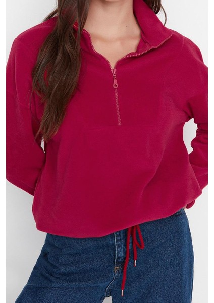 Kadın Moda Şık Regular Fermuarlı Yaka Düşük Kol Regular Fermuar Detaylı Polar Örme Sweatshirt fiyatları