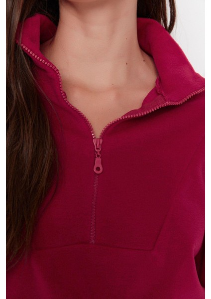 Kadın Moda Şık Regular Fermuarlı Yaka Düşük Kol Regular Fermuar Detaylı Polar Örme Sweatshirt modelleri