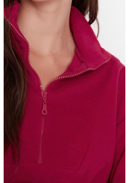 Kadın Moda Şık Regular Fermuarlı Yaka Düşük Kol Regular Fermuar Detaylı Polar Örme Sweatshirt indirimleri