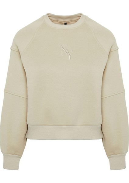 Kadın Moda Şık Regular Bisiklet Yaka Düşük Kol Crop Fit Nakışlı Kalın Içi Polarlı Örme Sweatshirt