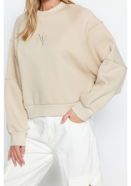 Kadın Moda Şık Regular Bisiklet Yaka Düşük Kol Crop Fit Nakışlı Kalın Içi Polarlı Örme Sweatshirt