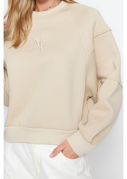 Kadın Moda Şık Regular Bisiklet Yaka Düşük Kol Crop Fit Nakışlı Kalın Içi Polarlı Örme Sweatshirt
