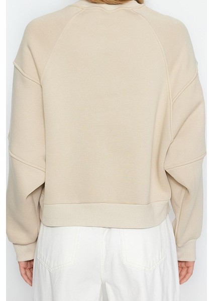 Kadın Moda Şık Regular Bisiklet Yaka Düşük Kol Crop Fit Nakışlı Kalın Içi Polarlı Örme Sweatshirt