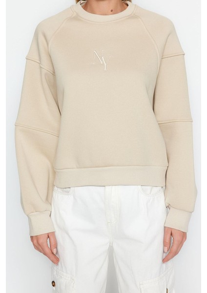 Kadın Moda Şık Regular Bisiklet Yaka Düşük Kol Crop Fit Nakışlı Kalın Içi Polarlı Örme Sweatshirt