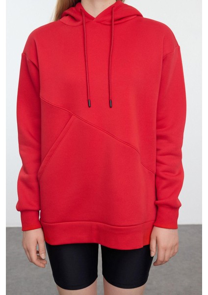 Kadın Moda Bol Kapüşonlu Düşük Kol Uzun Kalın Içi Polarlı Geniş Kalıp Cep Detaylı Örme Sweatshirt