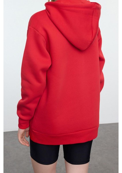 Kadın Moda Bol Kapüşonlu Düşük Kol Uzun Kalın Içi Polarlı Geniş Kalıp Cep Detaylı Örme Sweatshirt