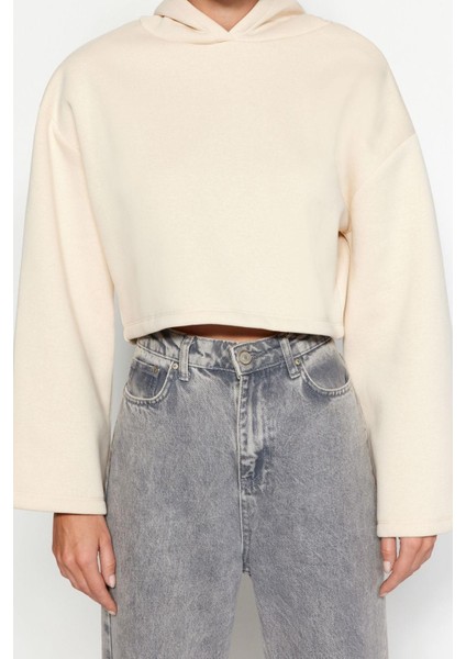 Kadın Kapüşonlu Ispanyol Kol Crop Kalın Polarlı Rahat Kesim Crop Ispanyol Kol Örme Sweatshirt