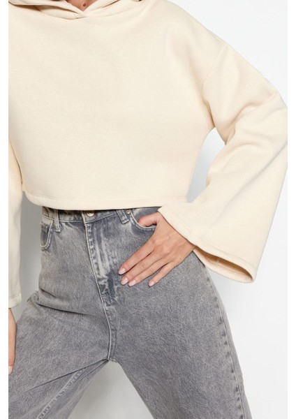 Kadın Kapüşonlu Ispanyol Kol Crop Kalın Polarlı Rahat Kesim Crop Ispanyol Kol Örme Sweatshirt