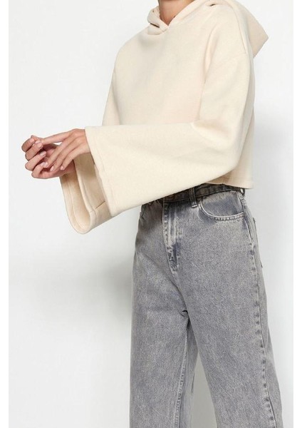 Kadın Kapüşonlu Ispanyol Kol Crop Kalın Polarlı Rahat Kesim Crop Ispanyol Kol Örme Sweatshirt