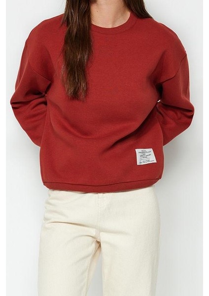 Kadın Moda Şık Regular Bisiklet Yaka Düşük Kol Regular Etiket Detaylı Örme Sweatshirt modelleri