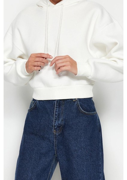 Kadın Moda Relaxed Kapüşonlu Düşük Kol Crop Kalın Içi Polarlı Rahat Kesim Crop Basic Örme Sweatshirt fiyatları