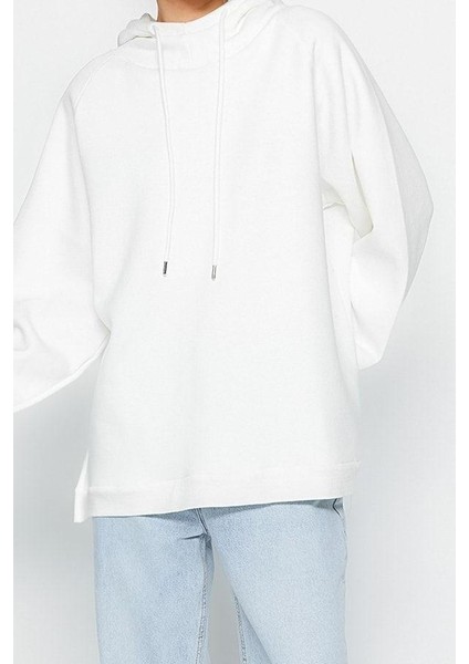 Kadın Moda Şık Bol Kapüşonlu Düşük Kol Uzun Şardonlu Örme Sweatshirt