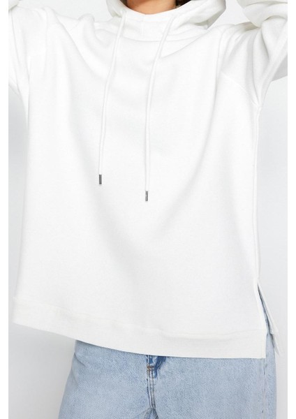 Kadın Moda Şık Bol Kapüşonlu Düşük Kol Uzun Şardonlu Örme Sweatshirt