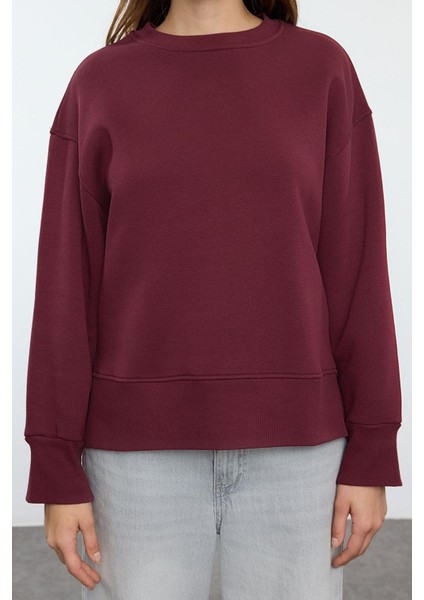 Kadın Regular Bisiklet Yaka Düşük Kol Regular Kalın Içi Polarlı Normal Kalıp Basic Örme Sweatshirt