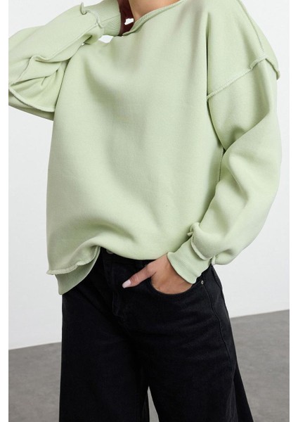 Kadın Bol Bisiklet Yaka Düşük Kol Uzun Normal Kalıp Karyoka Dikişli Kalın Polarlı Örme Sweatshirt
