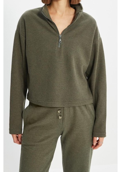 Kadın Fermuarlı Yaka Düşük Kol Selanik Triko Fermuarlı Yaka Normal Kalıp Örme Sweatshirt