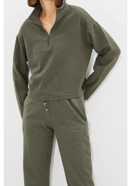 Kadın Fermuarlı Yaka Düşük Kol Selanik Triko Fermuarlı Yaka Normal Kalıp Örme Sweatshirt fiyatları