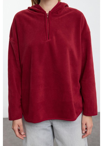 Kadın Moda Şık Bol Kapüşonlu Düşük Kol Uzun Kalın Polar ve Fermuarlı Geniş Kalıp Örme Sweatshirt