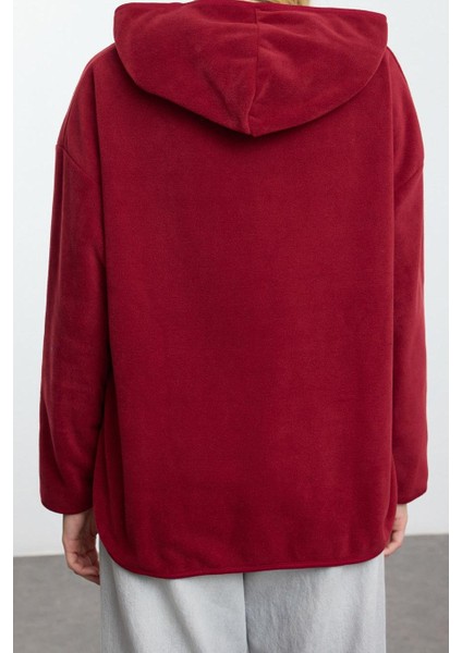 Kadın Moda Şık Bol Kapüşonlu Düşük Kol Uzun Kalın Polar ve Fermuarlı Geniş Kalıp Örme Sweatshirt