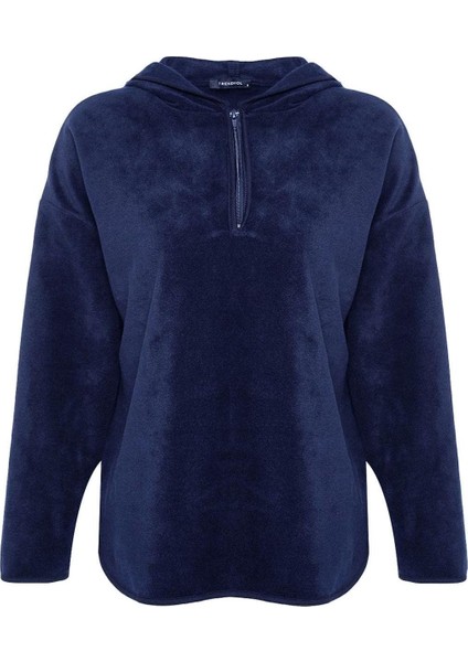 Kadın Moda Şık Bol Kapüşonlu Düşük Kol Uzun Kalın Polar ve Fermuarlı Geniş Kalıp Örme Sweatshirt