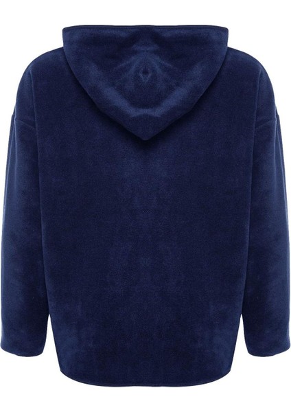 Kadın Moda Şık Bol Kapüşonlu Düşük Kol Uzun Kalın Polar ve Fermuarlı Geniş Kalıp Örme Sweatshirt