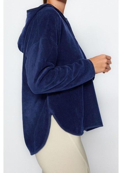 Kadın Moda Şık Bol Kapüşonlu Düşük Kol Uzun Kalın Polar ve Fermuarlı Geniş Kalıp Örme Sweatshirt