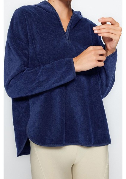 Kadın Moda Şık Bol Kapüşonlu Düşük Kol Uzun Kalın Polar ve Fermuarlı Geniş Kalıp Örme Sweatshirt