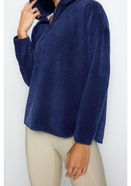 Kadın Moda Şık Bol Kapüşonlu Düşük Kol Uzun Kalın Polar ve Fermuarlı Geniş Kalıp Örme Sweatshirt