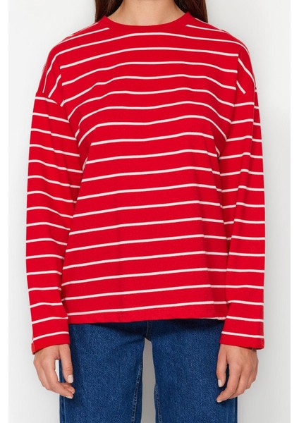 Kadın Moda Şık Oversize Bisiklet Yaka Düşük Kol Uzun Çizgili Geniş Kesim Ince Örme Sweatshirt