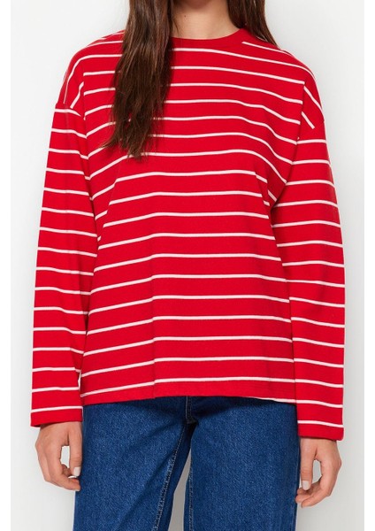 Kadın Moda Şık Oversize Bisiklet Yaka Düşük Kol Uzun Çizgili Geniş Kesim Ince Örme Sweatshirt modelleri