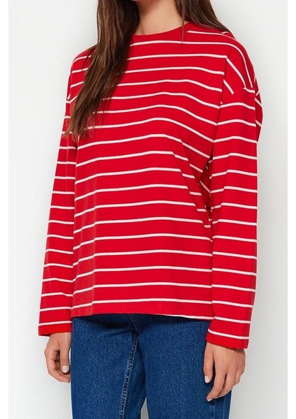 Kadın Moda Şık Oversize Bisiklet Yaka Düşük Kol Uzun Çizgili Geniş Kesim Ince Örme Sweatshirt fırsatları