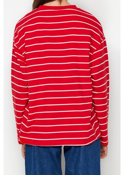 Kadın Moda Şık Oversize Bisiklet Yaka Düşük Kol Uzun Çizgili Geniş Kesim Ince Örme Sweatshirt indirimleri