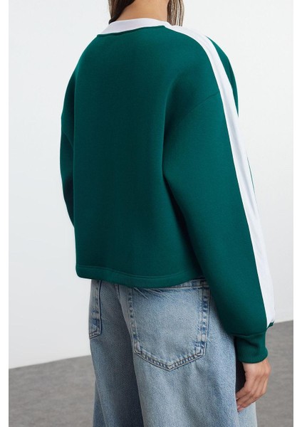 Kadın Moda Şık Oversize V Yaka Düşük Kol Crop Geniş Kalıp Crop Kalın Örme Sweatshirt