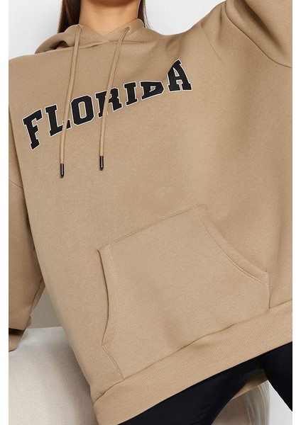 Kadın Oversize Kapüşonlu Standart Kol Standart Kalın Polarlı Baskılı Geniş Kalıp Örme Sweatshirt