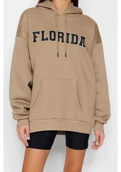 Kadın Oversize Kapüşonlu Standart Kol Standart Kalın Polarlı Baskılı Geniş Kalıp Örme Sweatshirt