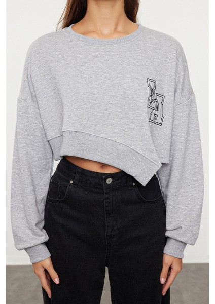Kadın Moda Oversize Bisiklet Yaka Düşük Kol Crop Geniş Kalıp Asimertik Crop Kalın Örme Sweatshirt