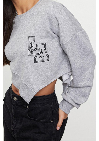 Kadın Moda Oversize Bisiklet Yaka Düşük Kol Crop Geniş Kalıp Asimertik Crop Kalın Örme Sweatshirt