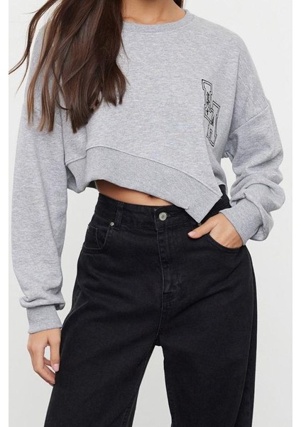 Kadın Moda Oversize Bisiklet Yaka Düşük Kol Crop Geniş Kalıp Asimertik Crop Kalın Örme Sweatshirt