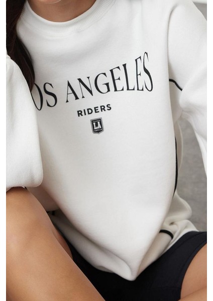 Kadın Bol Bisiklet Yaka Düşük Kol Uzun Slogan Baskılı Geniş Kalıp Kalın Içi Polarlı Örme Sweatshirt modelleri