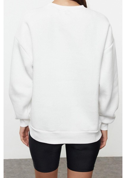 Kadın Bol Bisiklet Yaka Düşük Kol Uzun Slogan Baskılı Geniş Kalıp Kalın Içi Polarlı Örme Sweatshirt indirimleri