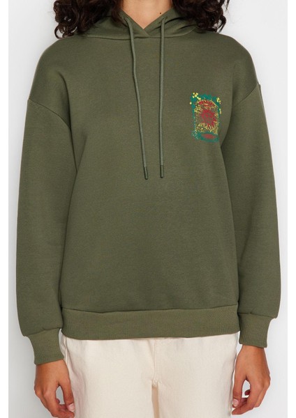 Kadın Kapüşonlu Düşük Kol Uzun Kalın Içi Polarlı Ön ve Arka Baskılı Geniş Kalıp Örme Sweatshirt