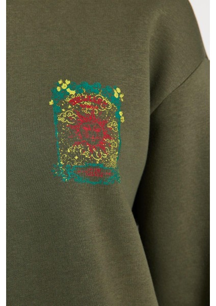 Kadın Kapüşonlu Düşük Kol Uzun Kalın Içi Polarlı Ön ve Arka Baskılı Geniş Kalıp Örme Sweatshirt