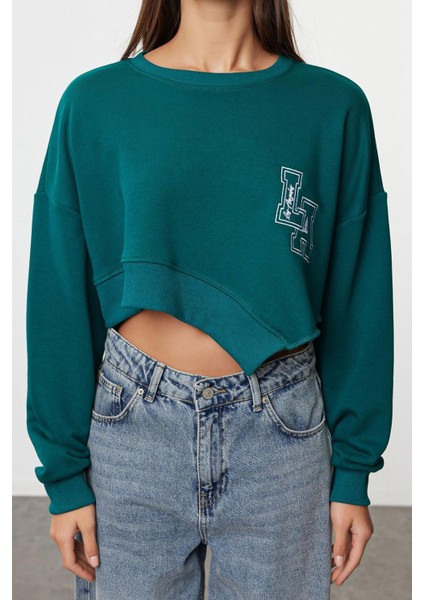 Kadın Moda Oversize Bisiklet Yaka Düşük Kol Crop Geniş Kalıp Asimertik Crop Kalın Örme Sweatshirt