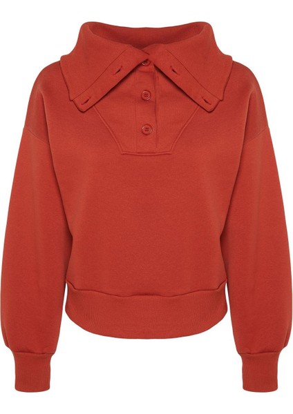 Kadın Polo Yaka Düşük Kol Kalın Içi Polarlı Normal Kalıp Triko Detaylı Örme Sweatshirt