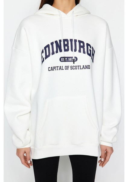 Kadın Oversize Kapüşonlu Standart Kol Standart Kalın Polarlı Baskılı Geniş Kalıp Örme Sweatshirt