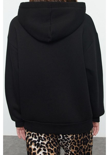 Kadın Moda Şık Bol Kapüşonlu Düşük Kol Uzun Geniş Kalıp Nakışlı Kalın Içi Polarlı Örme Sweatshirt